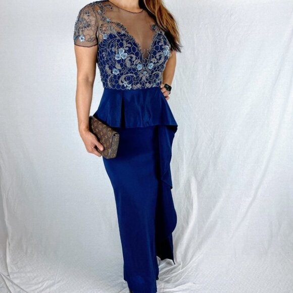 Marchesa Notte Navy Lace Ruffle Formal Gown $1195 - Picture 11 of 13